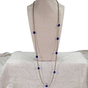 J.Crew Long Station Necklace Blue Faceted Bead Gold Tone Chain 34"